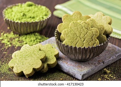 Matcha Green Tea Cookies On A Wooden Table