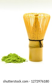 Matcha Green Tea Extract Powder And Bamboo Chasen Matcha Powder Whisk  Isolated White Background