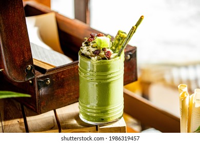 Matcha Green Tea Frappe With Red Bean At Cafe Shop