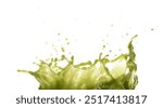 Matcha Green Tea Juice pouring and splash as crown water. Vegetable juice explode bubble splash in mid air. Matcha milk green tea liquid element water. White background isolated photography