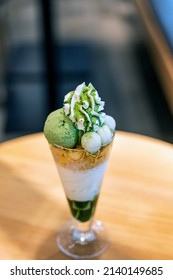 Matcha Green Tea Parfait Sundae At A Cafe