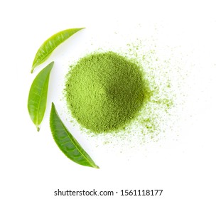 Matcha Green Tea Powder With Leaf On White Background. Top View