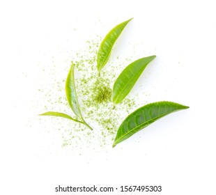 Matcha Green Tea Powder With Leaf On White Background. Top View