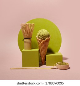 Matcha Ice Cream In Japanese Style On Pink Background. Healthy Food Background