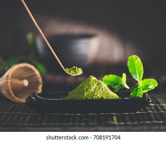 Matcha. Organic Green Matcha Tea Ceremony. Matcha Powder. Cooking With Matcha, Recipe. Vegetarian Healthy Drink, Beverage, Japanese Food. Dark Still Life.