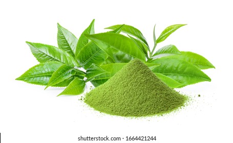 matcha powder Green tea leaf isolated on white background
