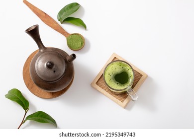 Matcha Powder. Organic Green Matcha Tea Ceremony. Healthy Drink. Traditional Japanese Drink On White Background. Eat Healthy Because Of High Antioxidants.