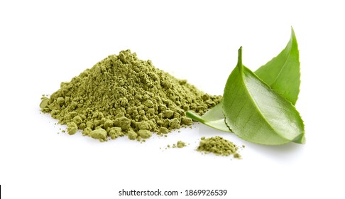 Matcha Tea Powder With Green Tea Leaves On White Background