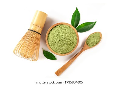 Matcha Tea With Spoon And Leaves Isolated On White Background. Top View
