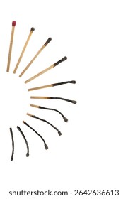 Matches on white background, collage with stages from whole to completely burnt