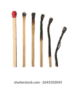 Matches on white background, collage with stages from whole to completely burnt