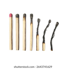 Matches on white background, collage with stages from whole to completely burnt