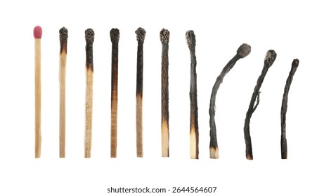Matches on white background, collage with stages from whole to completely burnt