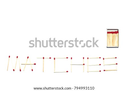 Matches with red head. Matches on a blank (white) background with copy space. Matches arranged on bottom side. Box matches