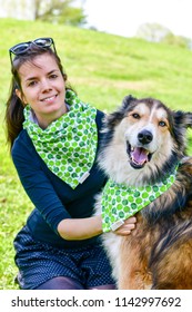 Matching Dog And Owner Outfit. Girl And Her Collie Dog  With Matching Bandana