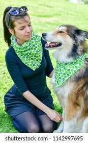 Matching Dog And Owner Outfit. Girl And Her Collie Dog  With Matching Bandana