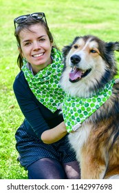 Matching Dog And Owner Outfit. Girl And Her Collie Dog  With Matching Bandana