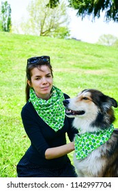 Matching Dog And Owner Outfit. Girl And Her Collie Dog  With Matching Bandana