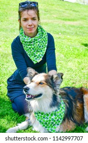 Matching Dog And Owner Outfit. Girl And Her Collie Dog  With Matching Bandana