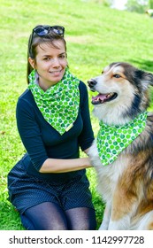 Matching Dog And Owner Outfit. Girl And Her Collie Dog  With Matching Bandana