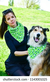 Matching Dog And Owner Outfit. Girl And Her Collie Dog  With Matching Bandana