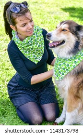 Matching Dog And Owner Outfit. Girl And Her Collie Dog  With Matching Bandana