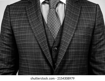 Matching Tie With Suit. Blue Suit Worn With Classic Tie. Necktie Collection. Fashion Mens Accessory. Formal Style. Business Meeting. Polka Dots Will Brighten Up Your Office Attire