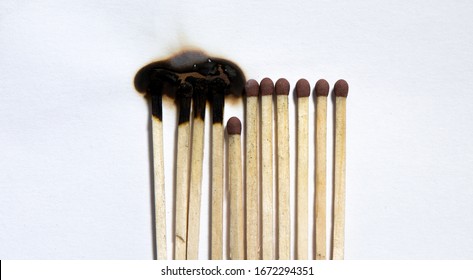 Matchsticks burn, one piece prevents the fire from spreading - the concept of how to stop the coronavirus from spreading: stay at home as #stayathome