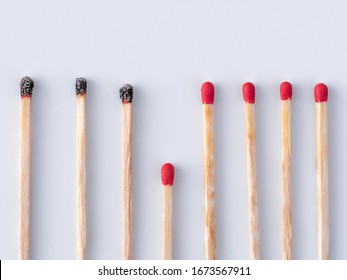 Matchsticks burn, one piece prevents the fire from spreading - the concept of how to stop the coronavirus from spreading: stay at home. Flat lay. Close up