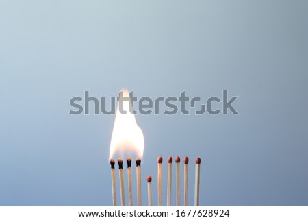 A lot of burnt matchsticks and one matchstick prevents following burning.  Concept of stop spreading coronavirus and stay at home Stock Photo