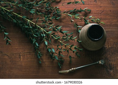 Mate Cup Gourd On Natural Wooden Table Green Bamboo Twig Plant