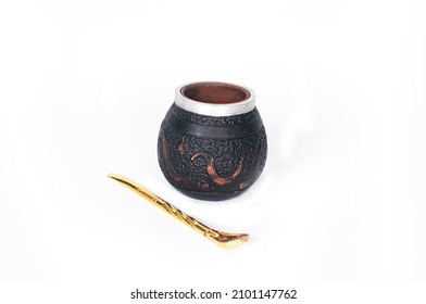 Mate Tea Cup And  Mate Tea Straw On White Background.