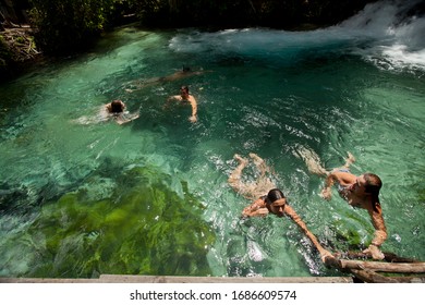 Mateiros, Tocantins / Brazil - 04/11/2012: People Swimming In The Ant Waterfall (Cachoeira Do Formiga)