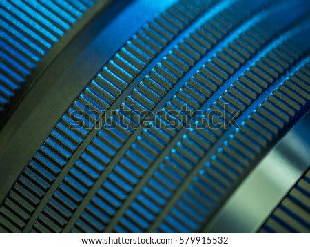 matel Aperture Ring of camera lens with blue light, Camera lens details. 