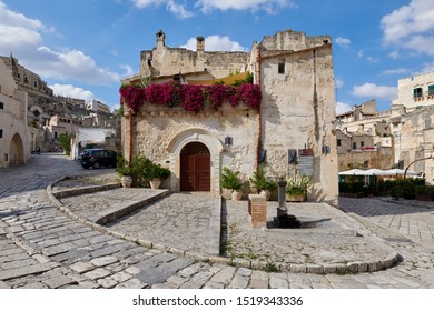MATERA, BASILICATA, ITALY - 9 September, 2019 - View of a pretty stone house of the ancient city of Matera " I sassi", Unesco heritage city and european capital of culture 2019.