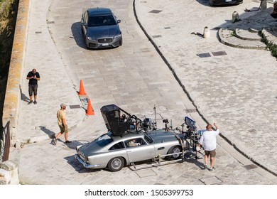 Matera, Italy - September 15, 2019: Bond25, The Aston Martin Db5 Super Equipped With All The Shooting Equipment Shoots Some Scenes Of The 007 Film 