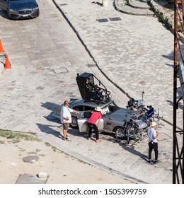 Matera, Italy - September 15, 2019: Bond25, The Aston Martin Db5 Super Equipped With All The Shooting Equipment Shoots Some Scenes Of The 007 Film 