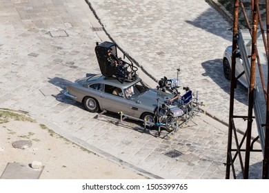 Matera, Italy - September 15, 2019: Bond25, The Aston Martin Db5 Super Equipped With All The Shooting Equipment Shoots Some Scenes Of The 007 Film 