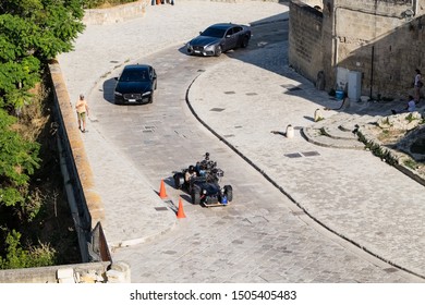 Matera, Italy - September 15, 2019: Bond25, Cameras Mounted On Camera Shooting For The Action Scenes Of The 007 Film 