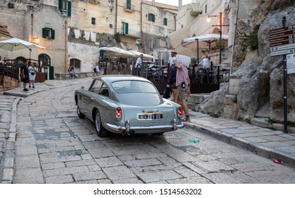 Matera, Italy - September 15, 2019: the Aston Martin DB5 used on the set of the latest James Bond movie 'No time to die' in Matera,  Italy.