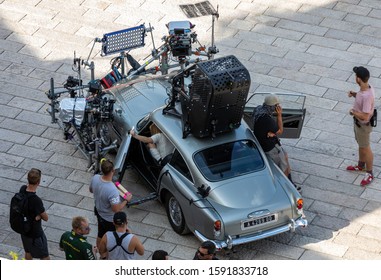 Matera, Italy - September 15, 2019: Bond 25, Aston Martin DB5 equipped with all equipment for shooting chase scenes from the movie "No Time to Die" in Sassi, Matera, Italy.