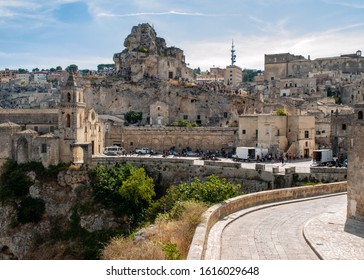 Matera, Italy - September 15, 2019: Bond 25, Aston Martin DB5 cars prepared to shoot chase scenes from the movie "No Time to Die" in Sassi, Matera, Italy.