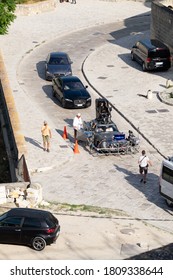 Matera, Italy-September 15, 2019: James Bond's Famous Aston Martin DB5 With Daniel Craig And Léa Seydoux Inside While Scenes From The 007 Film No Time To Die Are Filmed.