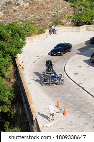 Matera, Italy-September 15, 2019: James Bond's Famous Aston Martin DB5 With Daniel Craig And Léa Seydoux Inside While Scenes From The 007 Film No Time To Die Are Filmed.