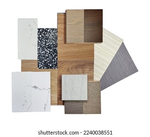material samples for interior design contains ceramic tile, white marble, wooden laminated floorings, vinyl flooring tiles, wallpapers, black terrazzo isolated on white background with clipping path. - Shutterstock ID 2240038551