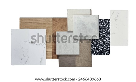 material samples for interior design contains stone ceramic tile, white marble quartz, wooden laminated floorings, vinyl flooring tiles, black terrazzo isolated on background with clipping path.