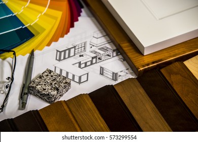 Material Selection For Kitchen Remodeling Project On Designer Desk With Design And Cabinet Doors