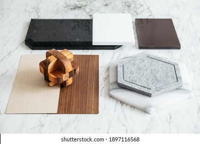 Material Selections Including Granite Tile, Marble Tile, Acoustic Tile, Walnut And Ash Wood Laminate With Plant And Flowers On Marble Top Table.