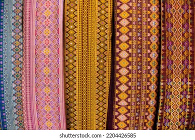 Material Silk Fabric And Raw Hand Woven Cotton With Ancient Pattern And Antique Design Texture For Show And Sale In Handmade Crafts Market Fair And Studio Workshop At Bitec Bangna In Bangkok, Thailand