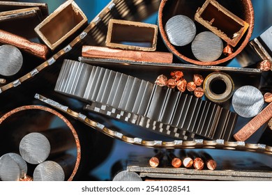 Materials and components made of non-ferrous metals, in an industrial space, close-up shot